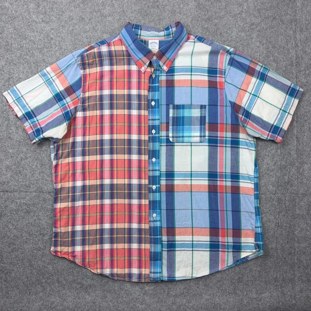 Brooks Brothers Shirt Mens XXL Blue Red Plaid Patchwork Short Sleeve Button Down - Picture 2 of 11
